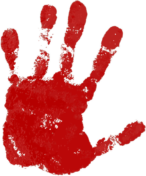 Left hand print in red paint, isolated against white